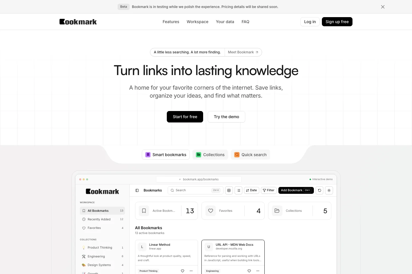My Bookmark landing page with its knowledge library introduction and interactive bookmark workspace