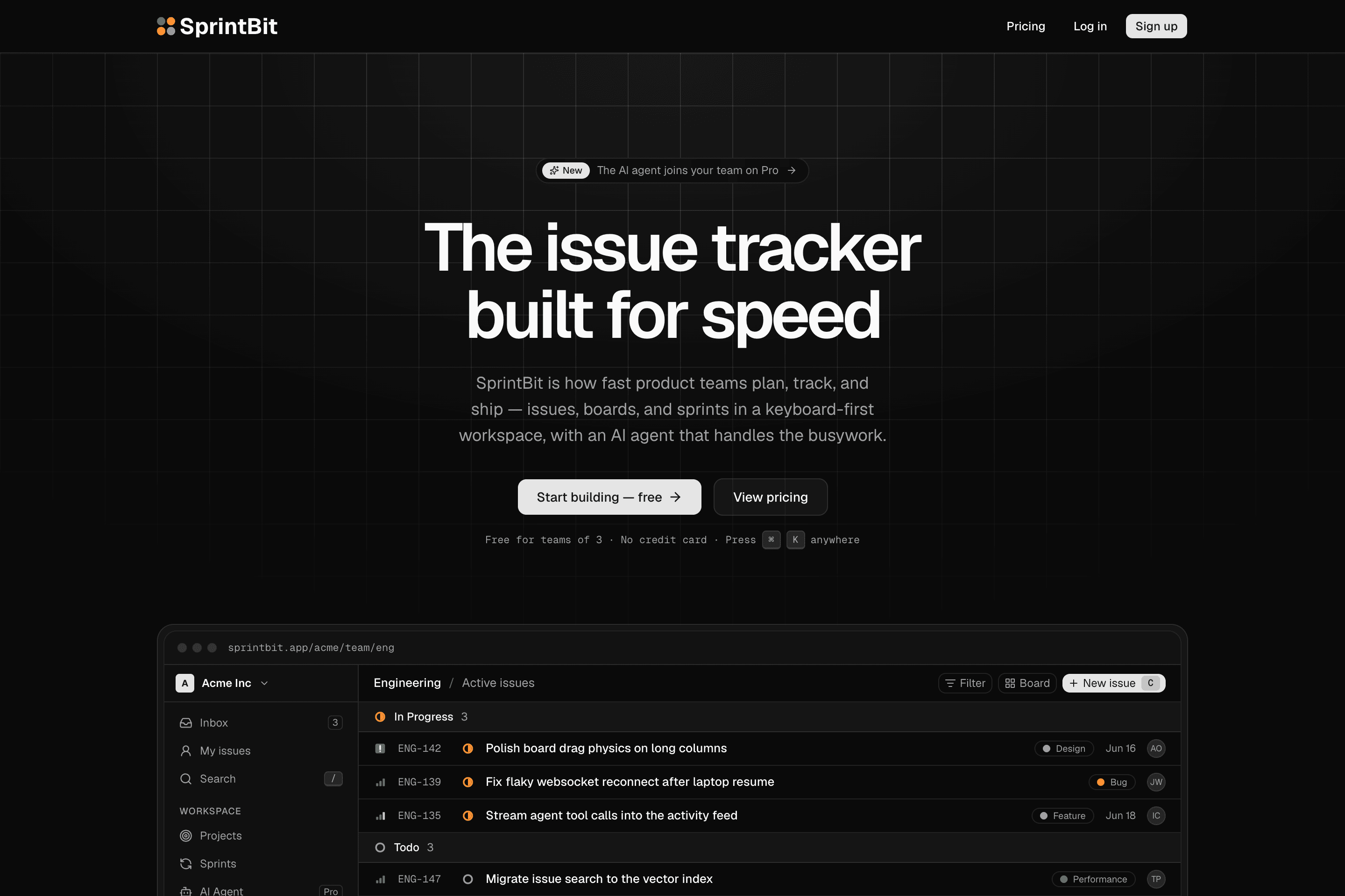 SprintBit issue tracker landing page and engineering board screenshot