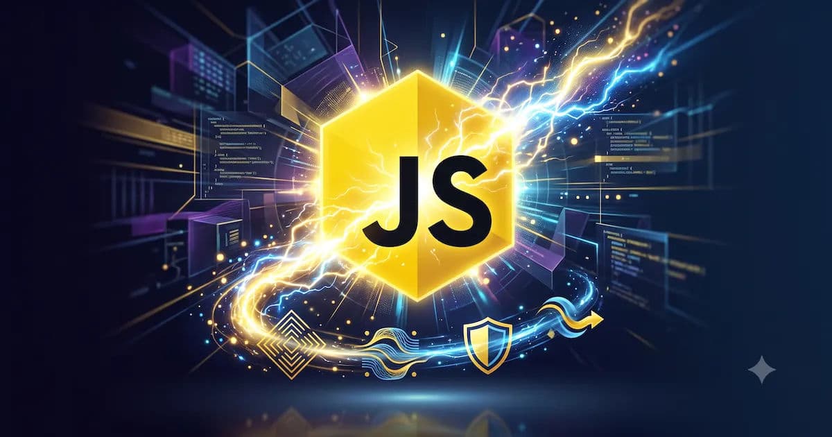A glowing JavaScript logo surrounded by code panels, electric arcs, and security symbols.