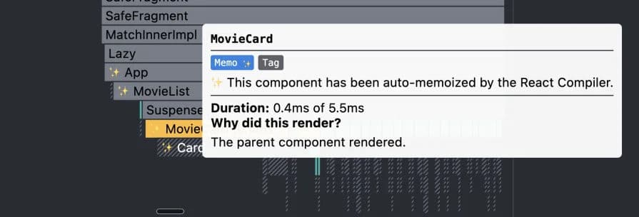 React Profiler marking components memoized by React Compiler.