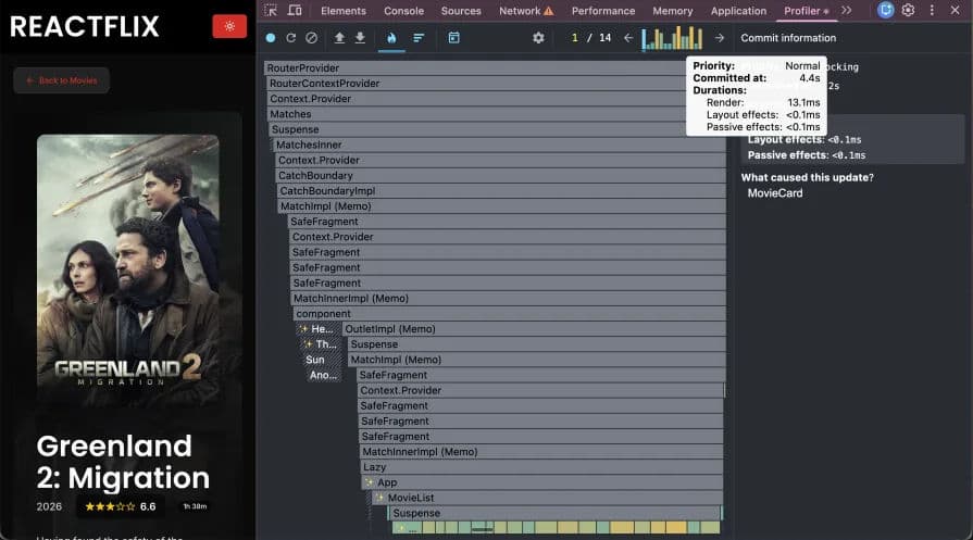 React Profiler view after component optimizations.