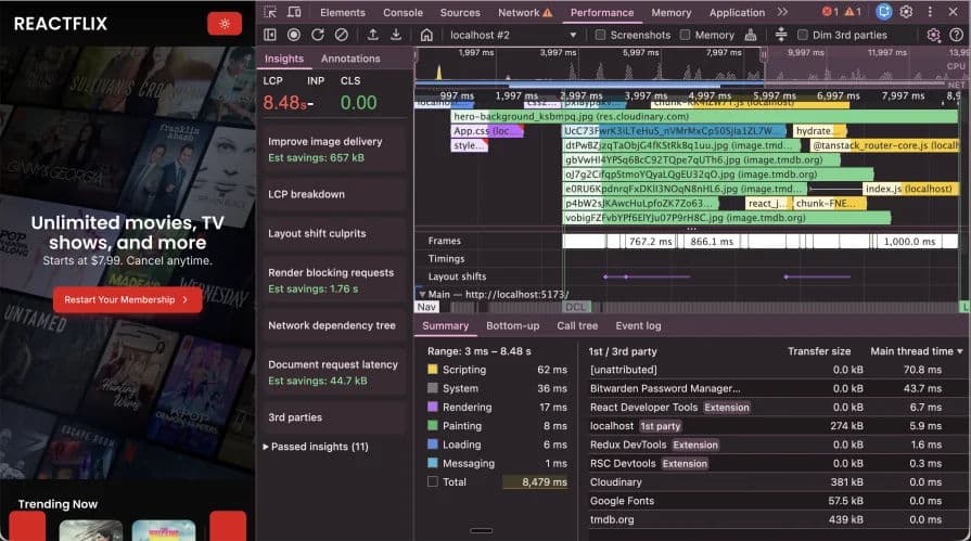 Chrome DevTools performance result showing LCP at 8.48 seconds.